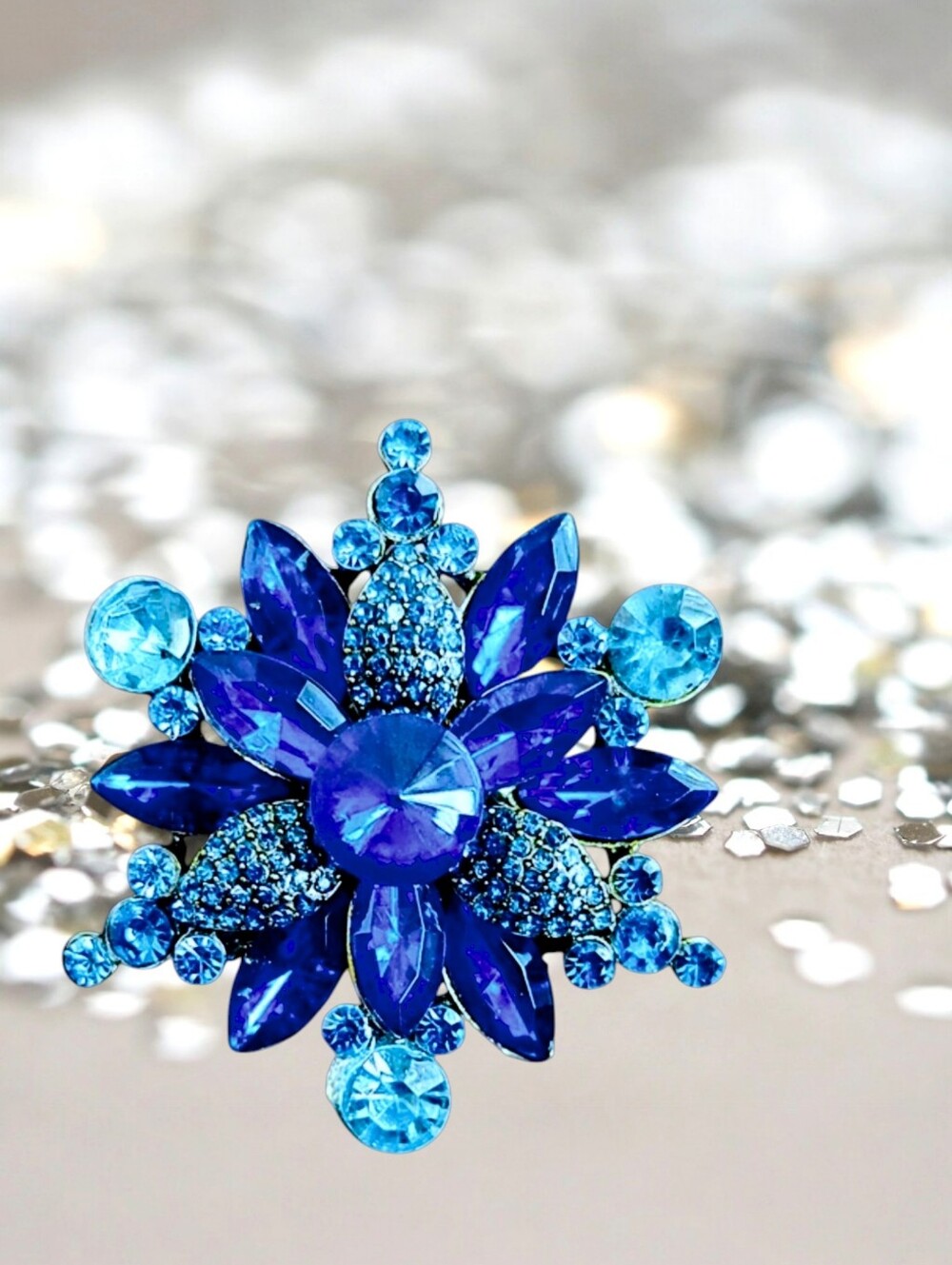 Blue Rhinestone Flower Brooch